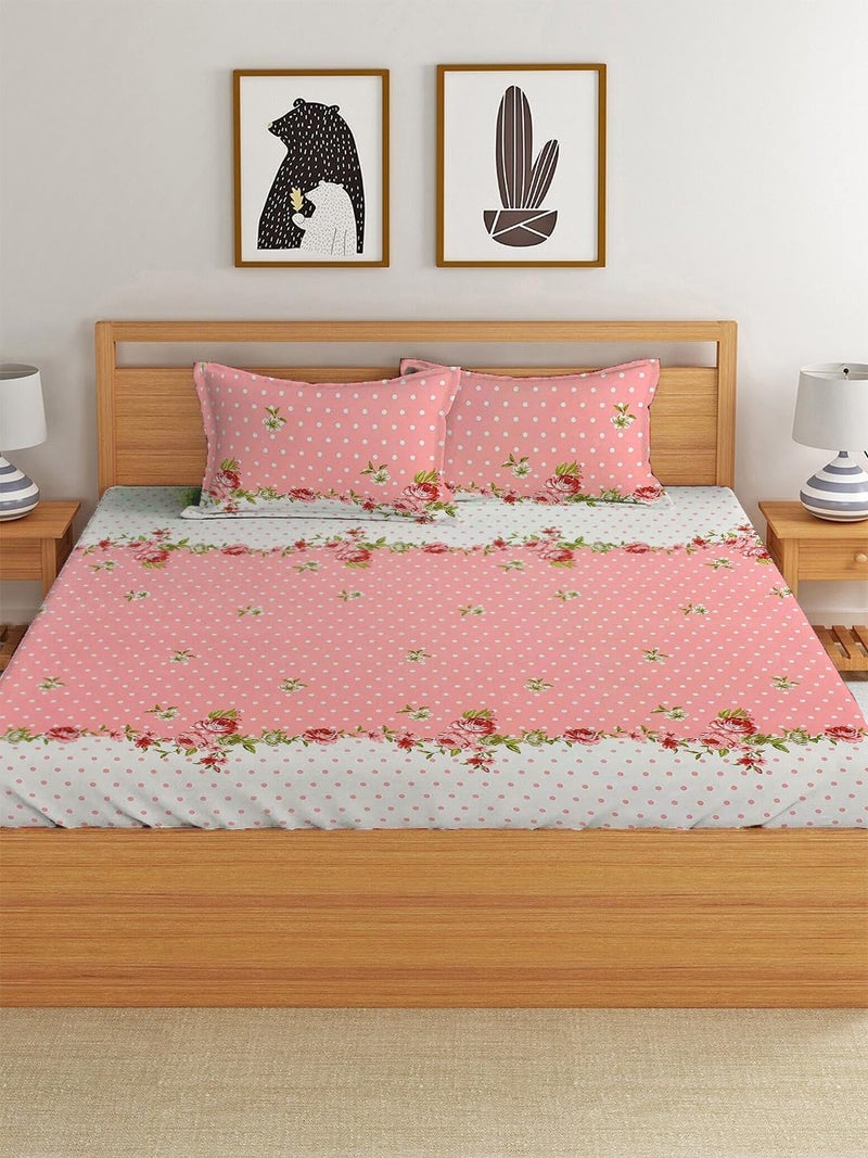 STARNSTYLE Premium 160 TC Egyptian Cotton Blend Floral Printed Double Bedsheet Set with 2 Pillow Covers - 228 x 228 cm Pink White - Image 3